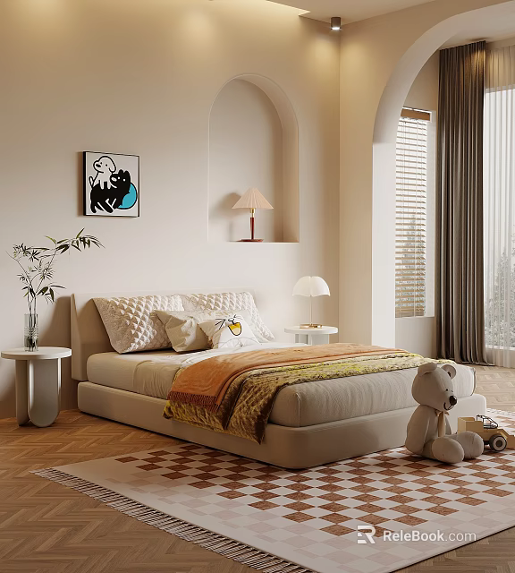 Cozy Kids Room Interior With Bed Pillows Blanket Teddy Bear And Decorative Painting 3d model 