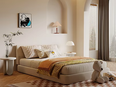 Cozy Kids Room Interior With Bed Pillows Blanket Teddy Bear And Decorative Painting 3d model