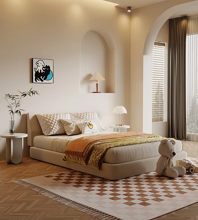 Cozy Kids Room Interior With Bed Pillows Blanket Teddy Bear And Decorative Painting 3d model