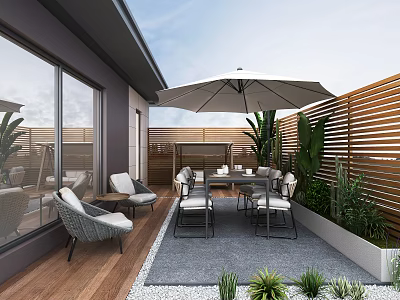 Patio Garden Design With Outdoor Dining Set Large Umbrella Wooden Fence And Green Plants 3d model