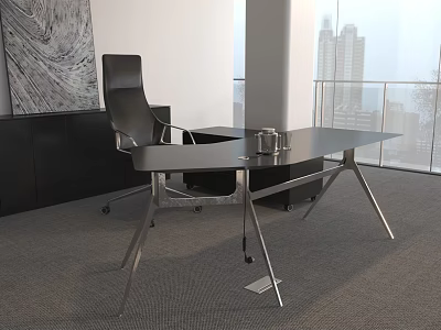 Modern Office Desk With Black Chair Gray Carpet Floor To Ceiling Window And City View 3d model