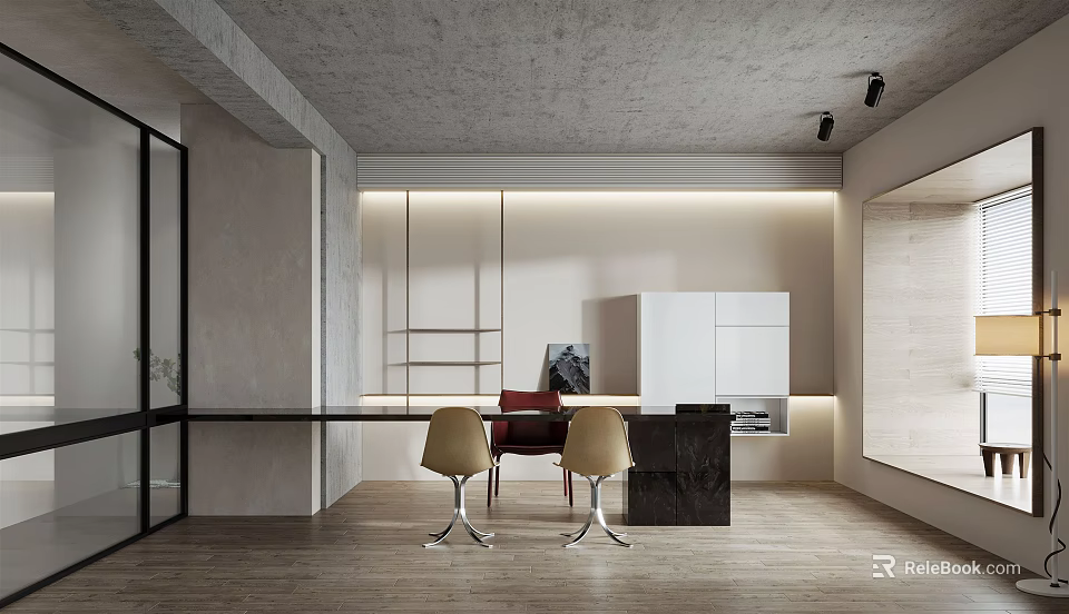 Modern Open Office Interior With Gray Ceiling Wooden Floors And Black Glass Partitions 3d model 