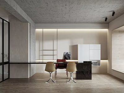 Modern Open Office Interior With Gray Ceiling Wooden Floors And Black Glass Partitions 3d model