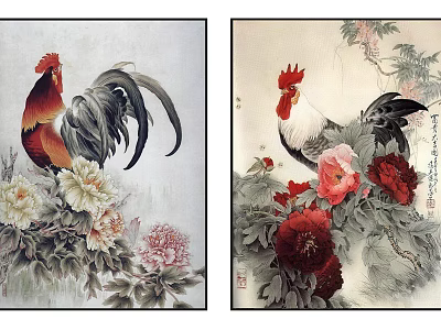 Traditional Chinese Rooster Paintings With Colorful Peony Flowers And Classic Art Style 3d model