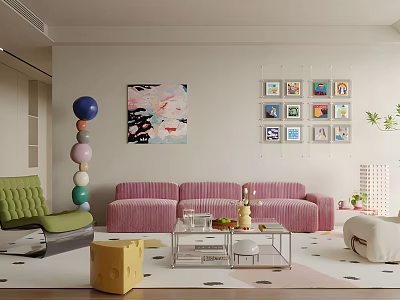 Vibrant Living Room Interior With Pink Sofa Green Chair Colorful Decorative Balls And Wall Paintings 3d model
