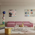 Vibrant Living Room Interior With Pink Sofa Green Chair Colorful Decorative Balls And Wall Paintings
