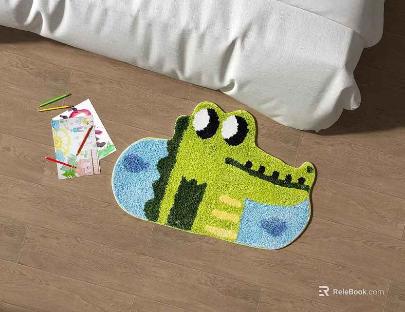 Crocodile Shaped Kids Rug With Colored Pencils And Drawing Paper On Wooden Floor 3d model 