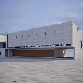 Modern Concrete Library Building with Geometric Design in Sandy Landscape Under Cloudy Sky
