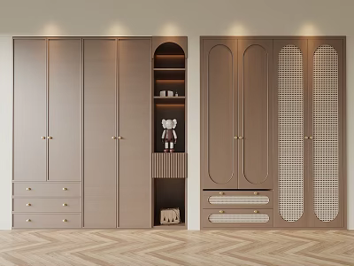 Modern Light Brown Wardrobe Design With Sliding Doors Drawers Open Shelves And Gold Handles 3d model