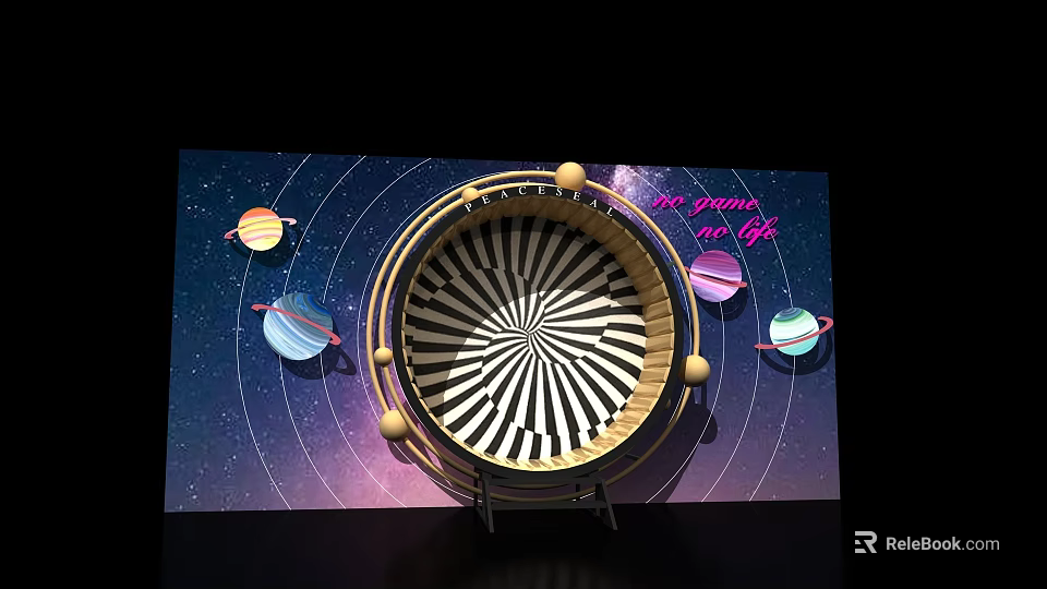 Cosmic Themed Photo Spot With Circular Spiral Installation And Planets On Starry Background 3d model 