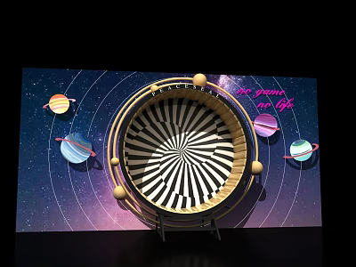 Cosmic Themed Photo Spot With Circular Spiral Installation And Planets On Starry Background 3d model