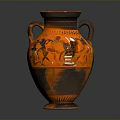 Sculpted Vase With Two Handles And Orange Black Figural Carvings
