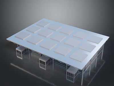 Modern Building With Glass Curtain Walls Flat Roof Square Panels And Small Cubic Base Structures 3d model