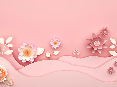Pink Background Wall Decorated With Paper Flowers Leaves And Wave Design 3d model