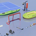 Diverse Sports Equipment Collection Featuring Tennis Court Table Tennis Table Kayak And Fitness Tools