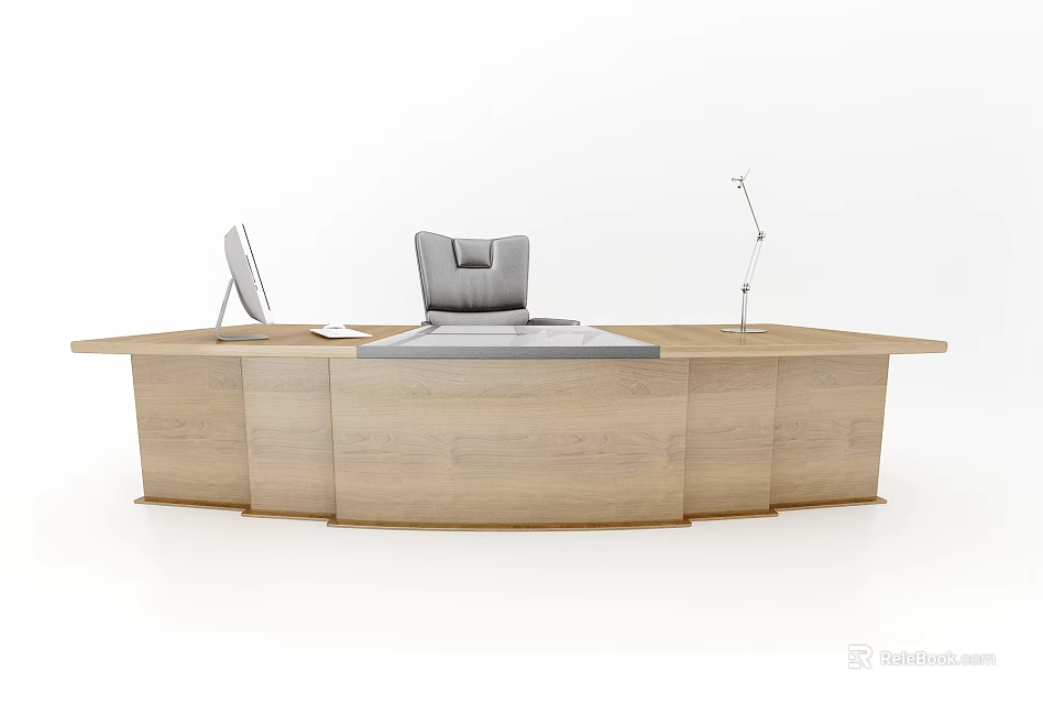 Modern Wooden Office Desk With Gray Chair Computer Monitor And Desk Lamp 3d model 