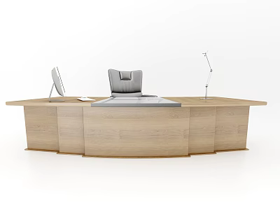 Modern Wooden Office Desk With Gray Chair Computer Monitor And Desk Lamp 3d model