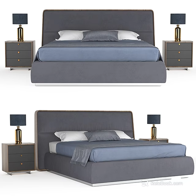 Modern Double Bed With Gray Headboard Blue Bedding Nightstands And Table Lamps 3d model