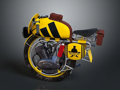 Yellow Black Vintage Motorcycle with Brown Seat Red Shock Absorber Body Design Details 3d model