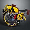 Yellow Black Vintage Motorcycle with Brown Seat Red Shock Absorber Body Design Details