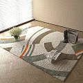 Square Carpet Featuring Geometric Pattern Neutral Beige Gray Orange Tones With Magazine And Decorative Items 3d model