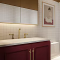 Contemporary Bathroom Interior With White Tiled Walls Dark Red Cabinet Mirror And Red Patterned Floor