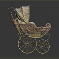 Vintage Baby Carriage With Classic Design Golden Wheels And Soft Fabric Upholstery