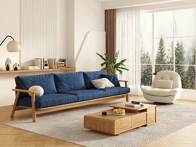 Blue Fabric Sofa and Wooden Coffee Table Set in Modern Living Room with Natural Light 3d model