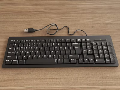 Black USB Wired Computer Keyboard Placed On Wooden Desk Surface 3d model