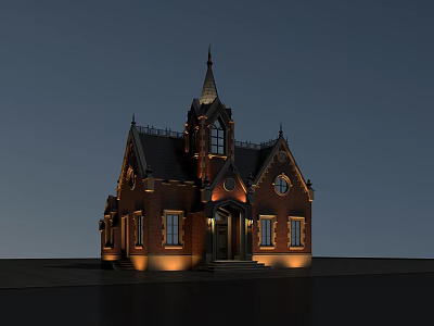Detached Villa With Red Brick Exterior Spire And Arched Windows At Night 3d model