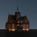 Detached Villa With Red Brick Exterior Spire And Arched Windows At Night