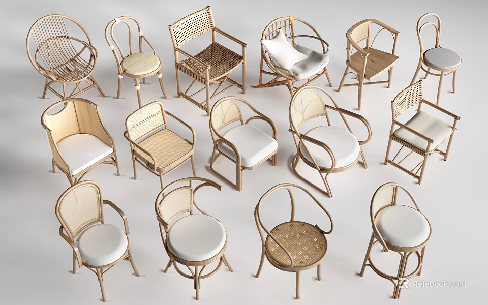 Various Stylish Leisure Chairs With Rattan And Wooden Designs For Home Decor 3d model 