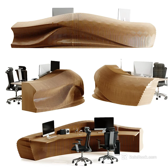 Modern Curved Wooden Reception Desk With Computer Monitors And Office Workstations 3d model 