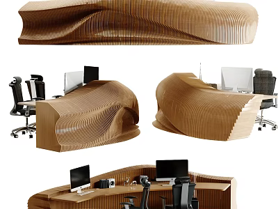 Modern Curved Wooden Reception Desk With Computer Monitors And Office Workstations 3d model