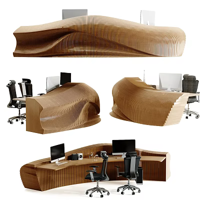 Modern Curved Wooden Reception Desk With Computer Monitors And Office Workstations 3d model