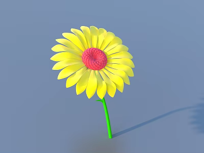 Yellow Flower with Red Center and Green Stem on Gray Background 3d model