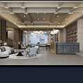 Modern Hotel Lobby Interior With Large Chandelier Sofa Area And Green Plants
