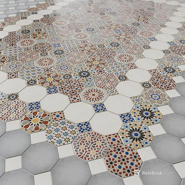 Decorative Hexagonal Floor Tiles With Colorful Patterns And Geometric Designs 3d model