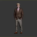 Man In Brown Blazer Light Colored Pants Red Shoes And Hat Standing On Gray Background