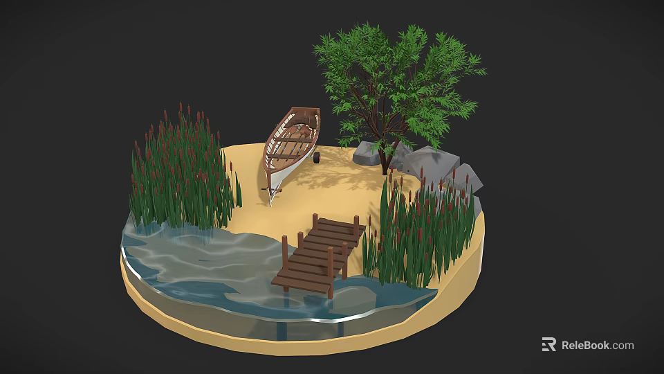 Scenic Natural Landscape With Wooden Bridge Small Boat Tree Reeds Rocks And Water 3d model 