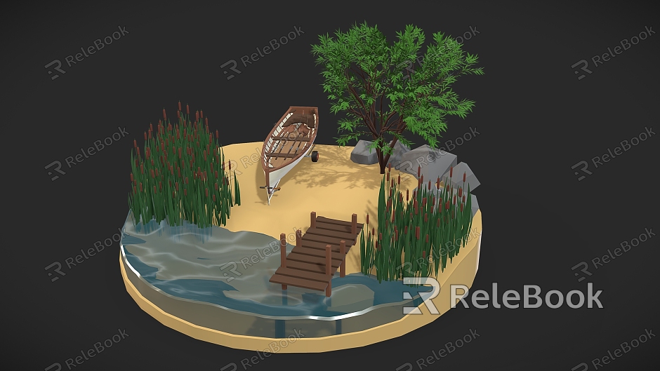 cartoon pond cartoon river cartoon boat wooden boat beach cartoon beach reed marsh cartoon tree cartoon scene model