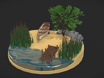Scenic Natural Landscape With Wooden Bridge Small Boat Tree Reeds Rocks And Water 3d model