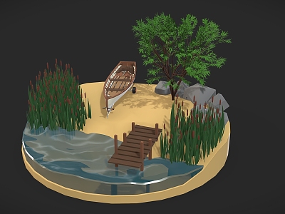 cartoon pond cartoon river cartoon boat wooden boat beach cartoon beach reed marsh cartoon tree cartoon scene model