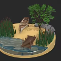 Scenic Natural Landscape With Wooden Bridge Small Boat Tree Reeds Rocks And Water