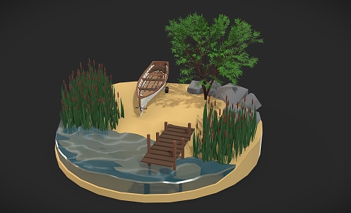 cartoon pond cartoon river cartoon boat wooden boat beach cartoon beach reed marsh cartoon tree cartoon scene 3d model