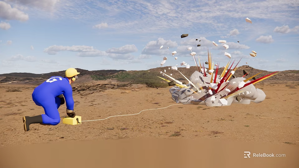 Man in blue outfit with yellow helmet kneeling near exploding device and flying debris 3d model 
