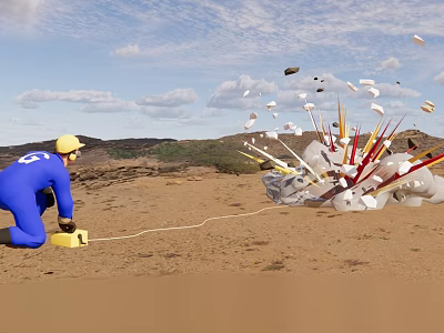 Man in blue outfit with yellow helmet kneeling near exploding device and flying debris 3d model