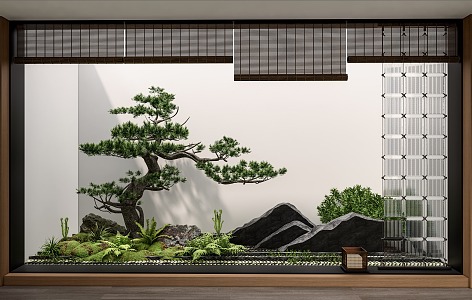 New Chinese patio landscape landscaping courtyard landscape sketch landscape stone landscape pine moss micro-terrain glass partition 3d model