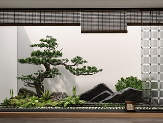 New Chinese patio landscape landscaping courtyard landscape sketch landscape stone landscape pine moss micro-terrain glass partition 3d model