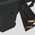 Black Tactical Pistol With Stacked Magazines And Bullets On Gray Background